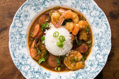 Creole Shrimp Gumbo with Andouille Sausage served in a shallow bowl