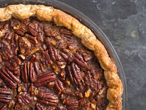 Close up of baked pecan pie filling.