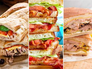 Three photos of summer sandwiches next to each other. To the left is a Pan Bagnat. The middle photo is Grilled Cheese BLT with bacon, lettuce and tomato visible. The photo to the right is two Cuban sandwiches stacked on top of each other.