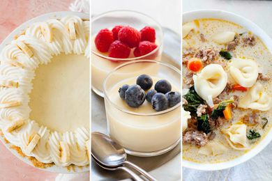 Ways to use heavy cream in recipes. The image to the left is an overhead shot of banana cream pie. The middle photo is two glasses of lemon pudding topped with berries. The image to the right is creamy tortilla soup.