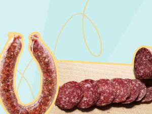 Photo composite of a link of sausage and a link of cured meat.