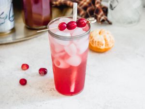 Cranberry Tangerine Shrub in a Drink Topped with Ice, Sparkling Water, and Cranberries Surrounded by More Cranberries, a Peeled Tangerine, and a Tray with Drink Supplies