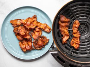 Air Fryer Bacon on Plate and in Air Fryer