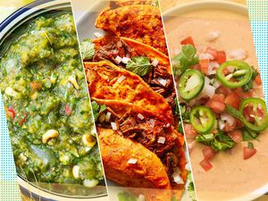 A photocollage of three recipes: cactus salsa, birria tacos, and queso dip