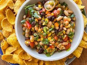 Trader Joe’s Homemade Cowboy Caviar in a Bowl Surrounded by Chips