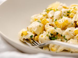 Bowl of Fresh Corn Pasta with a Fork