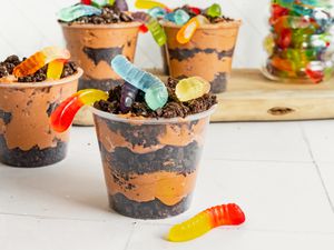 Cups of Dirt Cake with Gummy Worms