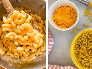 Photo on the Left: DIY Mac & Cheese on a Wooden Spoon, and More in the Pot Below It. Photo on the Right: Bowl of Uncooked Macaroni With Some Rogue Pieces Scattered on the Counter, a Bowl of Dry Cheese Powder, a Whisk, and a Red and White Checkered Kitchen Towel.