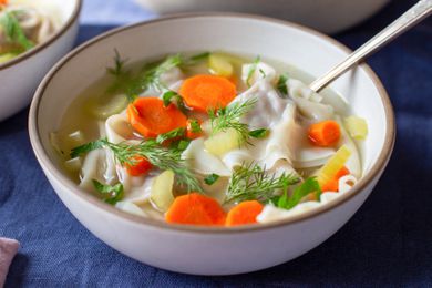 Easy beef kreplach in chicken broth with carrots and celery 