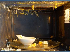 A ceramic dish in an open microwave with cooked egg exploded all over the insides