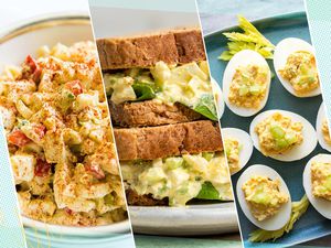 Three recipes made with hard boiled eggs: deviled egg salad, egg sandwiches, and buffalo deviled eggs