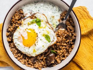 Farro, Mushroom, and Egg Grain Bowl with a Utensil
