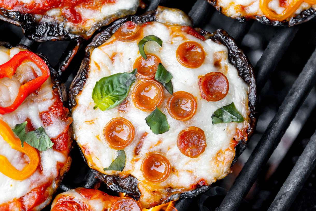 Portobello mushroom pizza with pepperoni on the grill