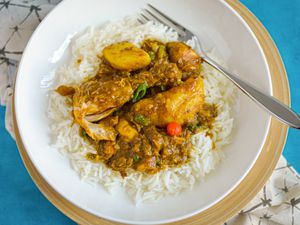 Guyanese Chicken Curry in a Bowl with Rice