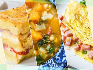 Three recipes made with leftover ham: a brothy soup, an omelet, and a breakfast casserole