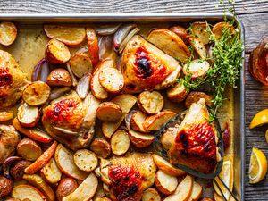 Honey Roasted Chicken Thighs with Baby Potatoes, Apples, Shallots, and Thyme
