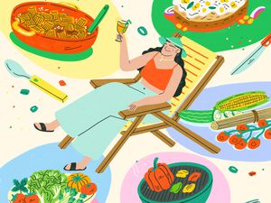 Person lounging on chair with lazy summer dinners around them