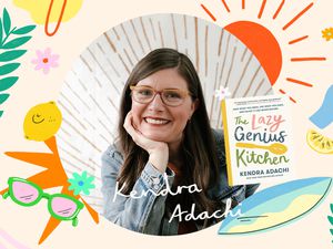 Kendra Adachi headshot with image of The Lazy Genius Kitchen book