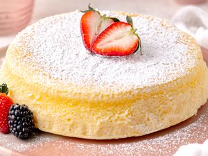 Japanese Cheesecake on a Plate and Garnished With Powdered Sugar and Berries