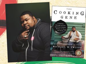 Collage of Michael W Twitty with his book "The Cooking Gene"