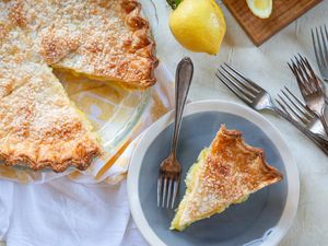 6 Ingredient Lemon Pie with a slice on a plate.