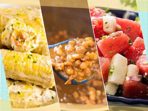 photocollage of three cookout sides: corn, beans, and watermelon