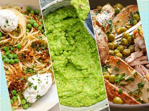 Three recipes made with frozen peas: pasta, pesto, and a chicken skillet