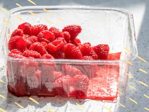 Yellow Doodles Overlay a Plastic Container With Fresh Raspberries