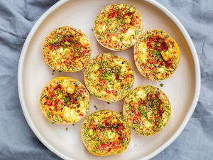 Roasted Red Pepper, Chive, and Chèvre Egg Bites on a Plate