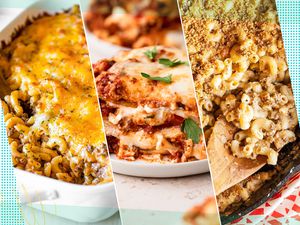 A photocollage of three casseroles made with ground beef