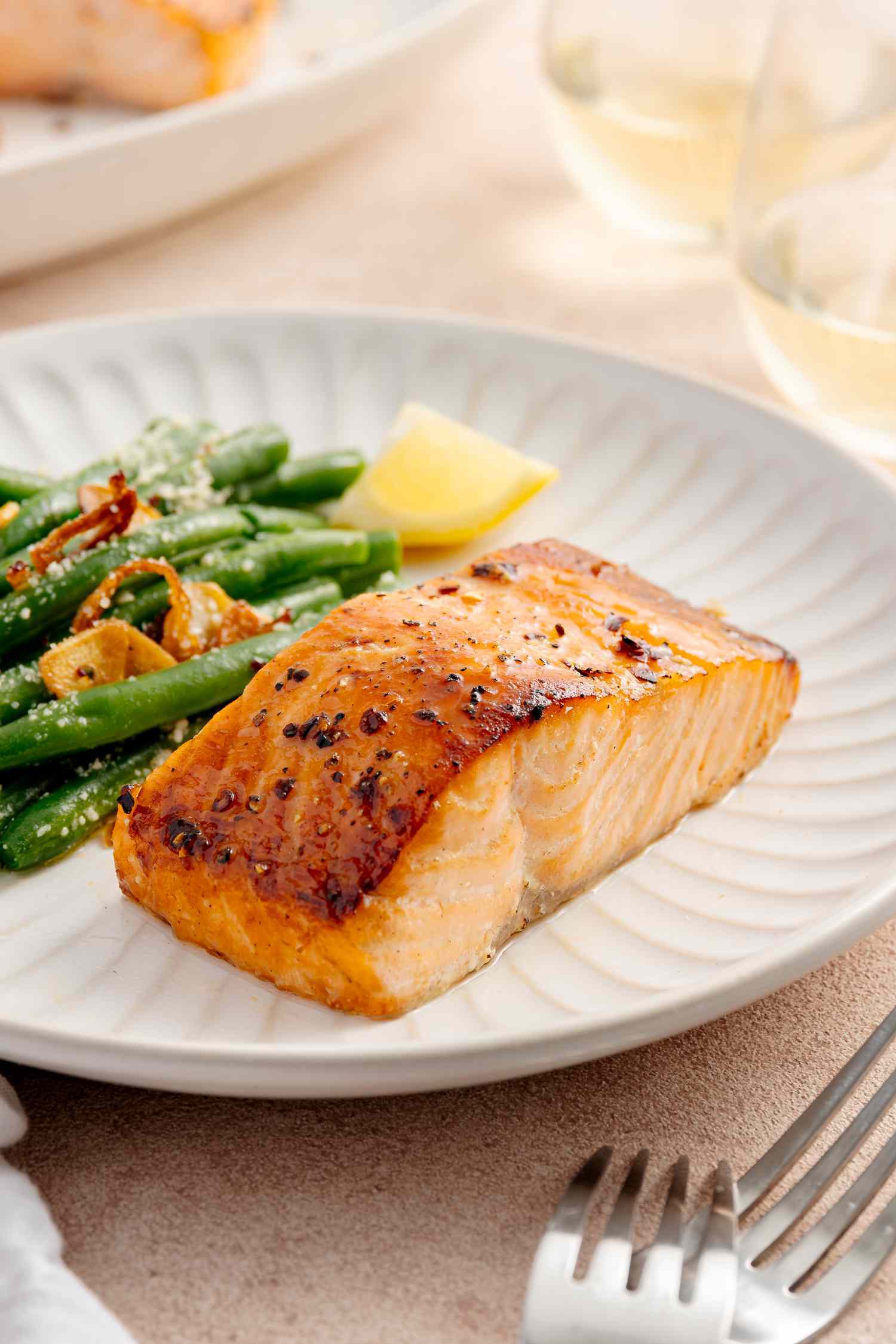 Salmon with Brown Sugar Glaze on a Plate with a Side of Green Beans