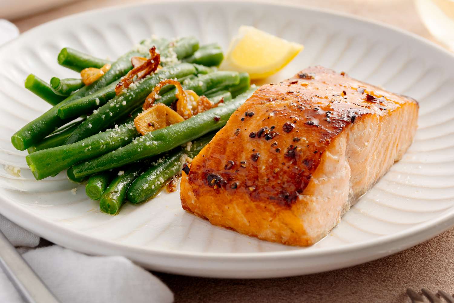 Plate of Salmon with Brown Sugar Glaze and a Side of Green Beans