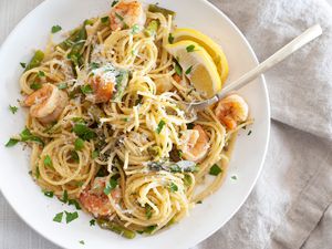 Shrimp and Asparagus Pasta on a Plate with a Fork