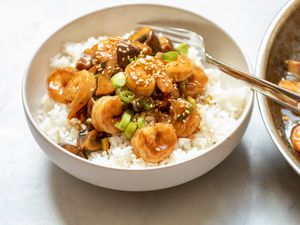 Shrimp and Mushroom Stir Fry Served over Rice