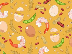 illustration of shrimp, soy, eggs, wheat and nuts