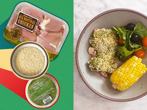 Illustration of a Tray of Raw Chicken, Bowl of Panko, and a Container of Pesto (L) and Bowl of 3-Ingredient Pesto Chicken Served With Corn on the Cob, and a Side Salad