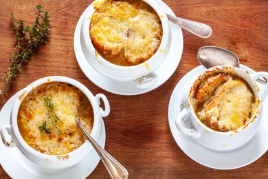 Vegetarian French onion soup with mushroom broth.