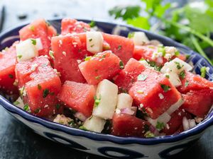 Bowl of Watermelon Salad With Cotija, Jicama, and Lime