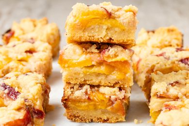 Peach pie bars stacked on top of each other 