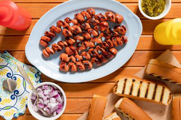 spiralized hot dogs on a platter