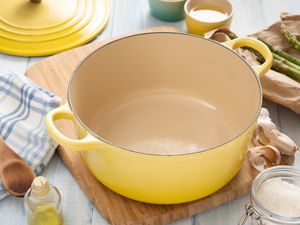 Yellow Dutch oven on table 