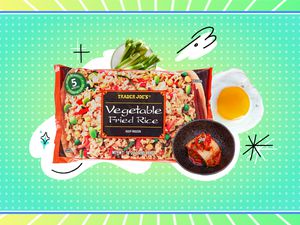 Trader Joe's vegetable fried rice with kimchi and fried egg