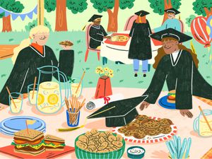 illustration of graduates around a picnic table